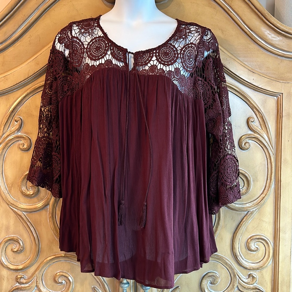 Pinky Lace Topped Burgundy Boho Blouse